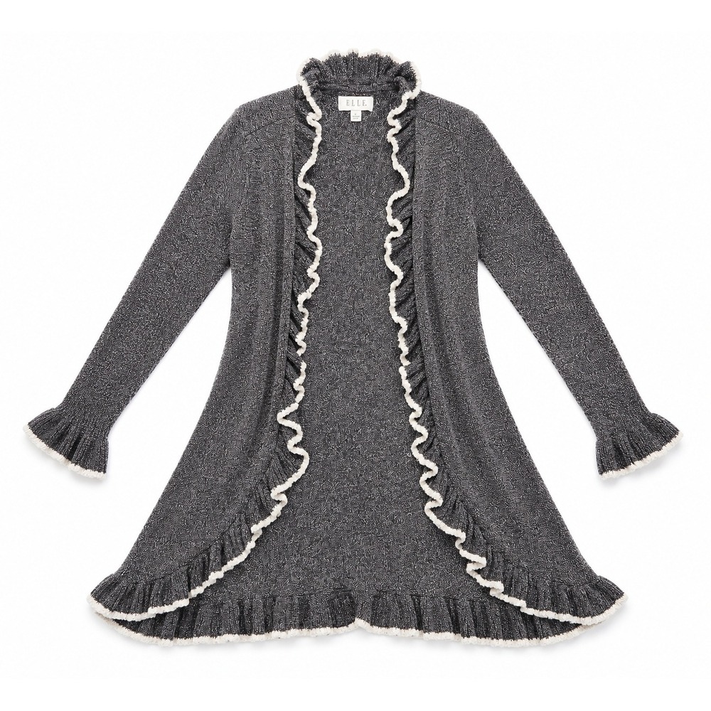 Elle Womens Gray Marled Ruffle Trim Open Front Longline Cardigan Sweater Large